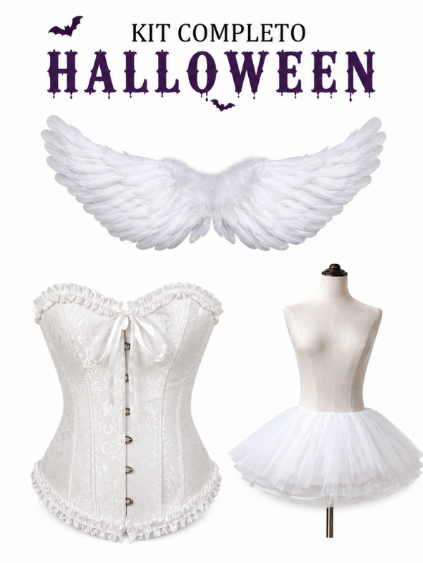Conjunto: Espartilho Lingerie com Saia Tutu e Asas de Anjo