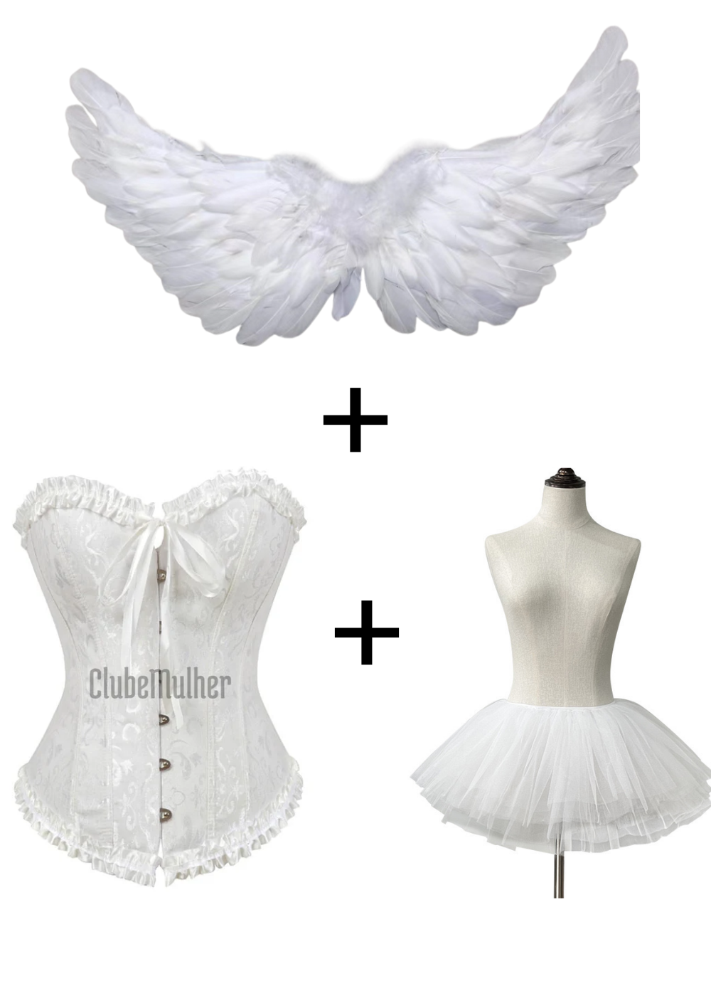Conjunto: Espartilho Lingerie com Saia Tutu e Asas de Anjo