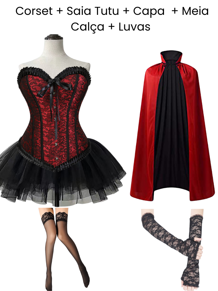 Conjunto: Espartilho Lingerie Floral Vampira