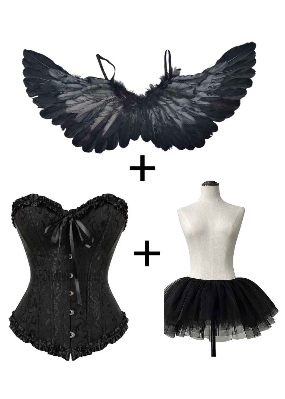 Conjunto: Espartilho Lingerie com Saia Tutu e Asas de Anjo