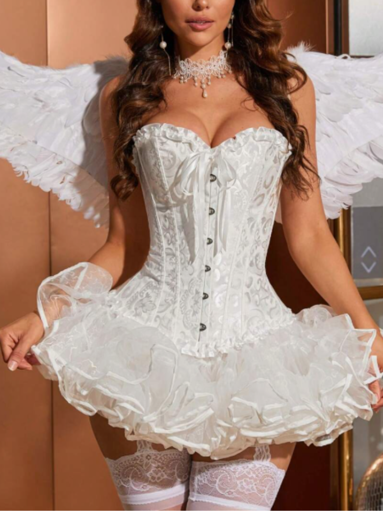 Conjunto: Espartilho Lingerie com Saia Tutu e Asas de Anjo