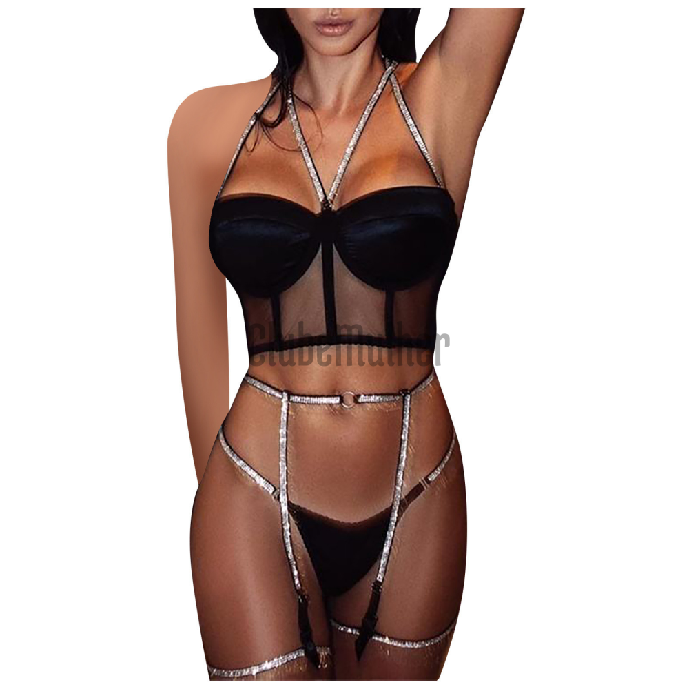 Conjunto Lingerie Corset Mesh Fio Dental