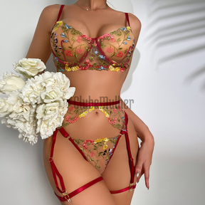 Conjunto Lingerie Floral Cinta Liga Fio Dental