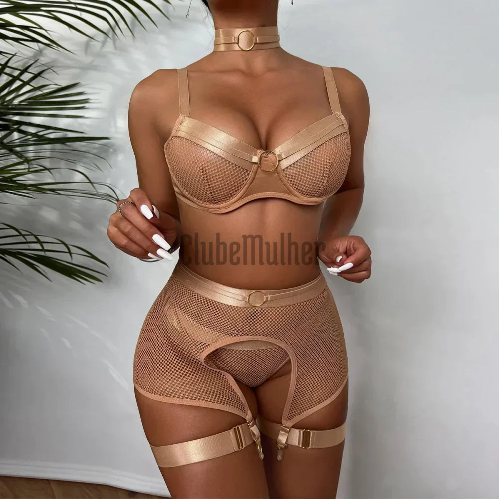 Conjunto Lingerie Mesh Cinta Liga Fio Dental