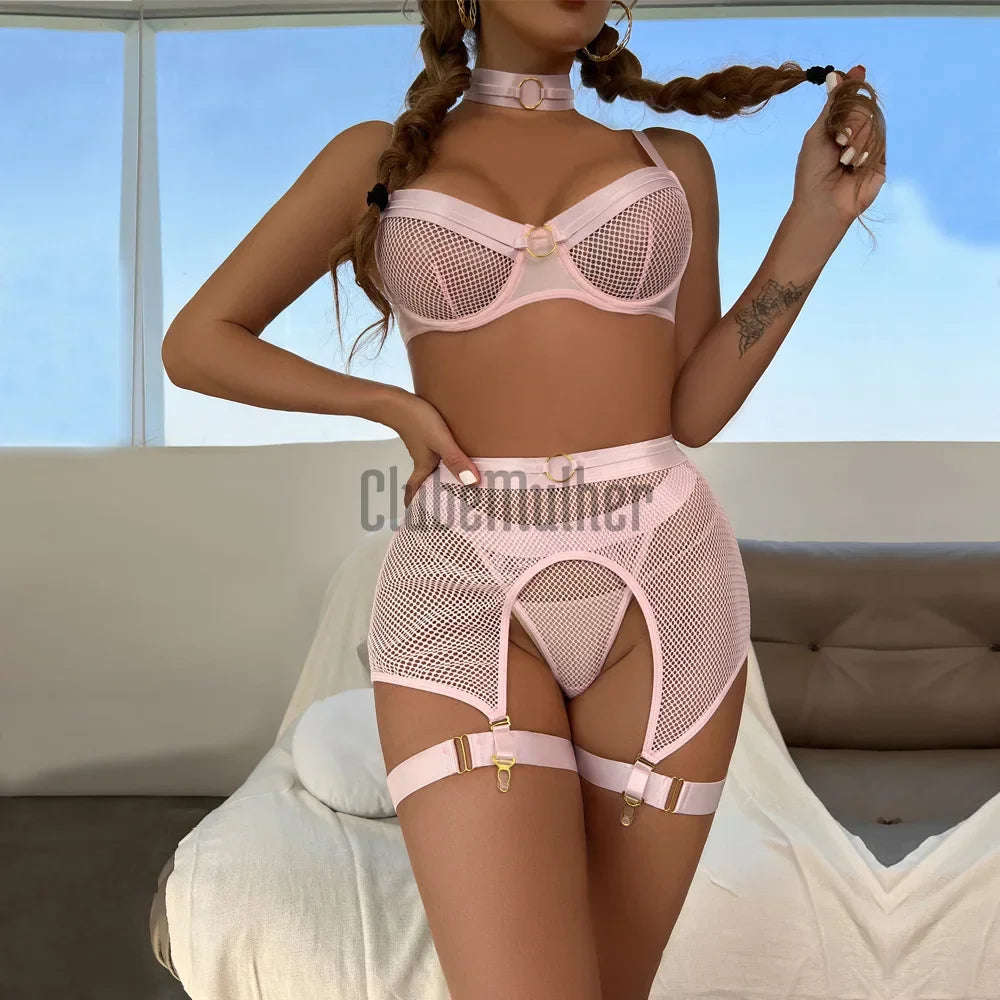 Conjunto Lingerie Mesh Cinta Liga Fio Dental