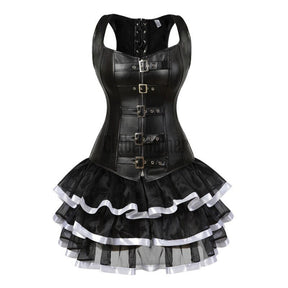 Steampunk Corset Dress Sexy Womens Leather Overbust Corsets Bustiers Straps Gothic Body Shaper Mini