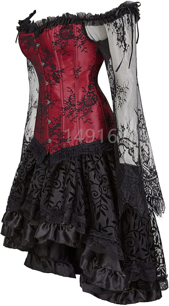 Corset Dress Long Sleeves Bustier And Skirt Set Gothic Floral Lace Up Showgirl Clubwear Lingerie