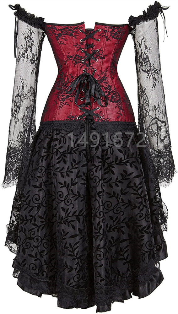 Corset Dress Long Sleeves Bustier And Skirt Set Gothic Floral Lace Up Showgirl Clubwear Lingerie