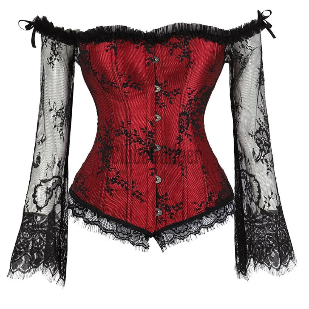 Corset Dress Long Sleeves Bustier And Skirt Set Gothic Floral Lace Up Showgirl Clubwear Lingerie