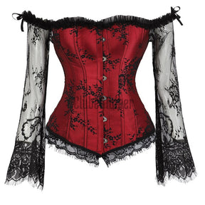 Corset Dress Long Sleeves Bustier And Skirt Set Gothic Floral Lace Up Showgirl Clubwear Lingerie