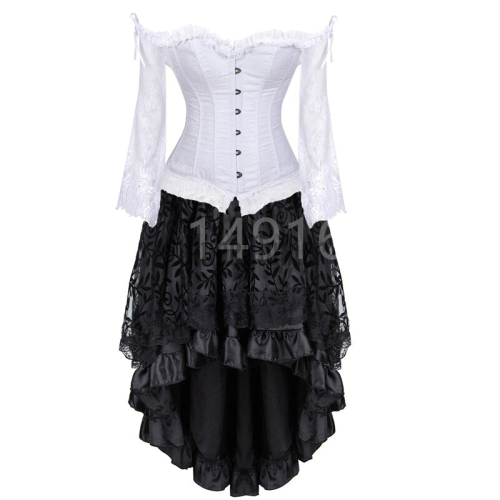 Corset Dress Long Sleeves Bustier And Skirt Set Gothic Floral Lace Up Showgirl Clubwear Lingerie