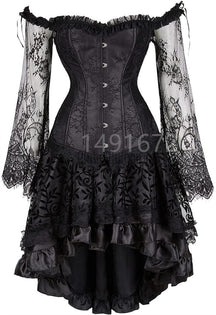 Corset Dress Long Sleeves Bustier And Skirt Set Gothic Floral Lace Up Showgirl Clubwear Lingerie