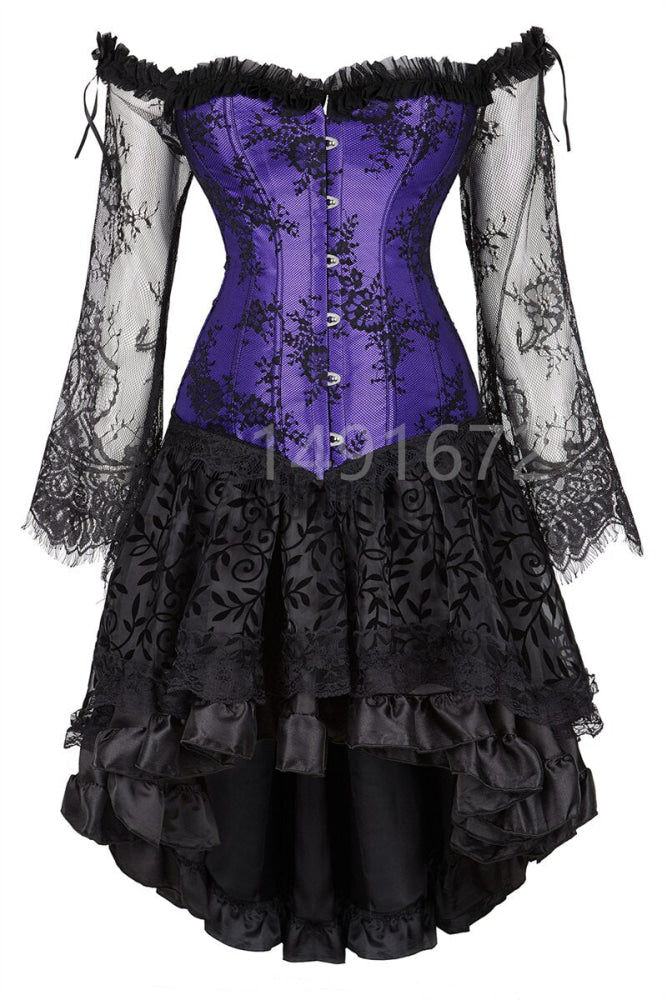 Corset Dress Long Sleeves Bustier And Skirt Set Gothic Floral Lace Up Showgirl Clubwear Lingerie