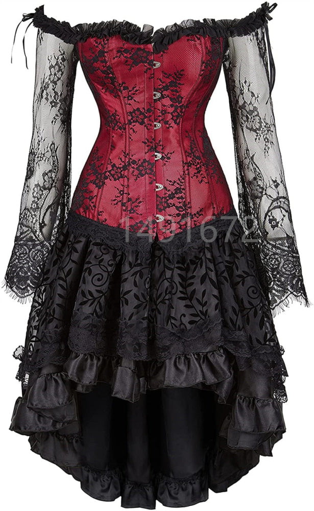 Corset Dress Long Sleeves Bustier And Skirt Set Gothic Floral Lace Up Showgirl Clubwear Lingerie