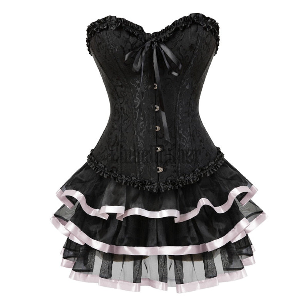 Espartilho Lingerie Com Saia Preto C/ Rosa / P 2 Anos De Garantia