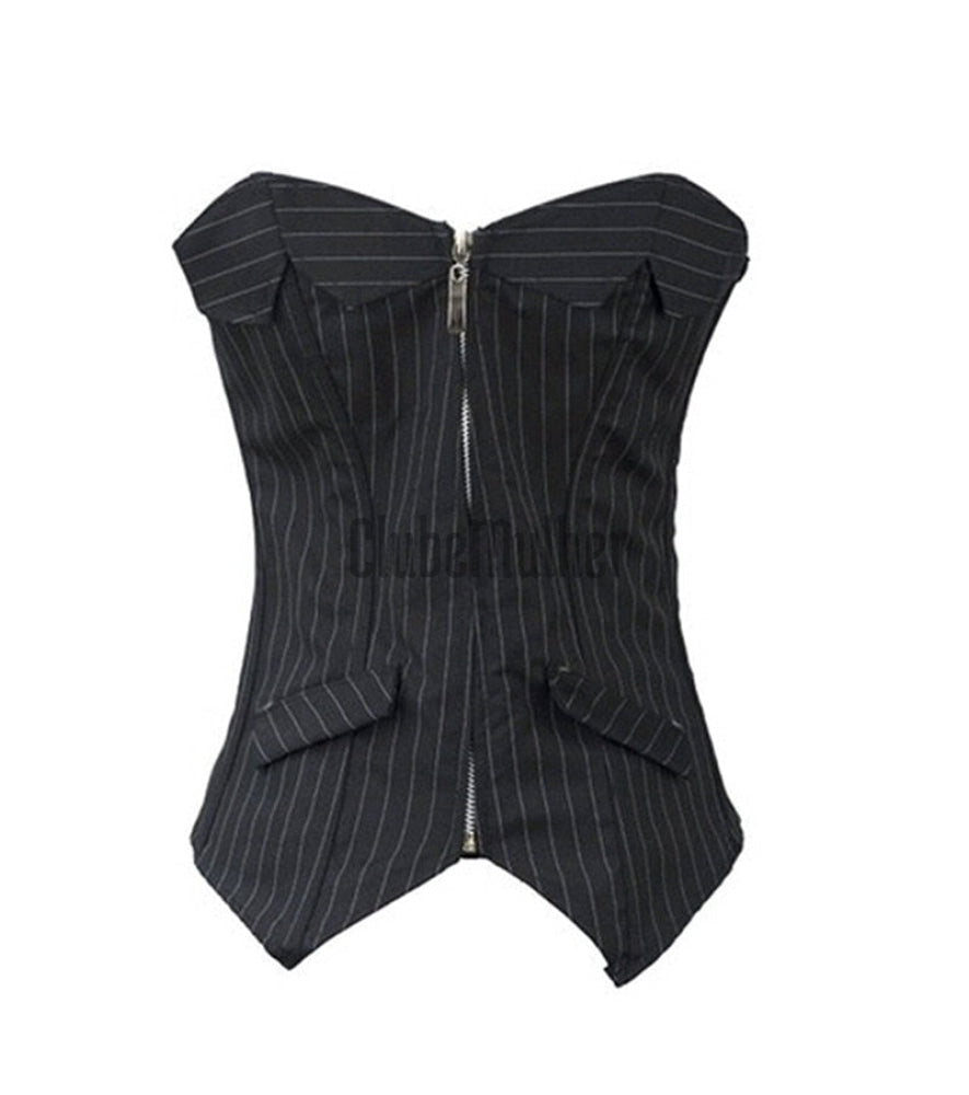 Sapubonva Sexy Black Striped Overbust Corset Office Lady Corselet Women Zip Bustier Strapless Tops