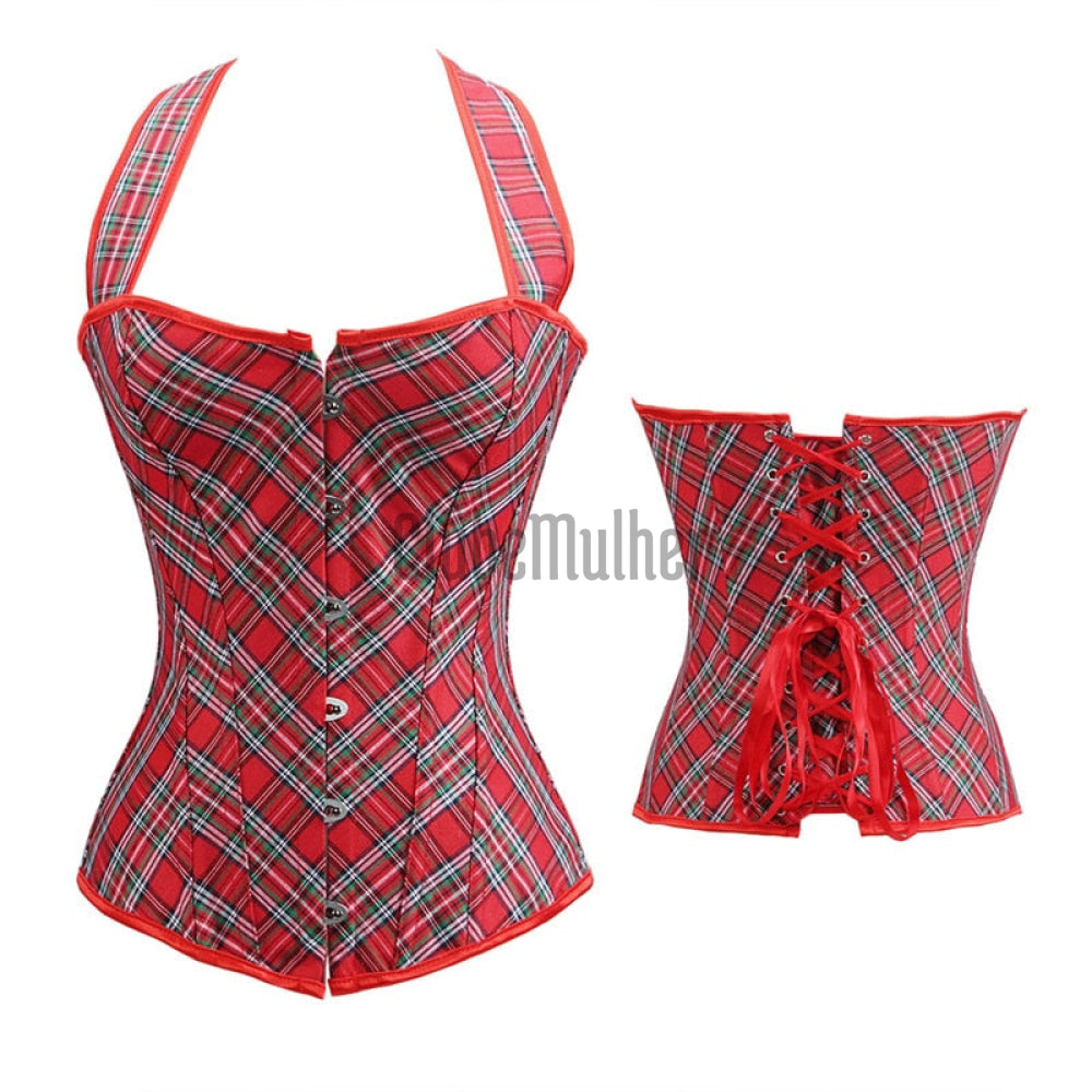 Sapubonva Corset Sexy Bustier Plaid Goth Clothes Lingerie Corset Victorian Red Halter Femme Top